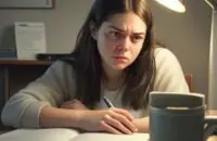 A frustrated and tired student studying under a warm desk lamp, highlighting a textbook to illustrate the struggle of passive learning.