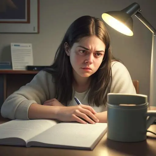 A frustrated and tired student studying under a warm desk lamp, highlighting a textbook to illustrate the struggle of passive learning.