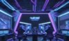 A futuristic high-tech gaming studio in Seoul featuring developers working on holographic 3D game environments with neon blue and purple lighting.