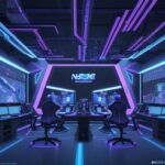 A futuristic high-tech gaming studio in Seoul featuring developers working on holographic 3D game environments with neon blue and purple lighting.