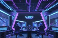 A futuristic high-tech gaming studio in Seoul featuring developers working on holographic 3D game environments with neon blue and purple lighting.