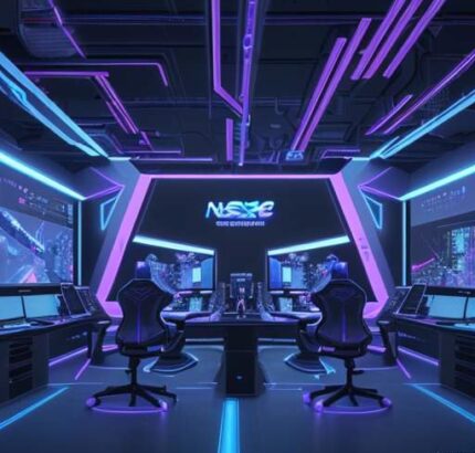A futuristic high-tech gaming studio in Seoul featuring developers working on holographic 3D game environments with neon blue and purple lighting.