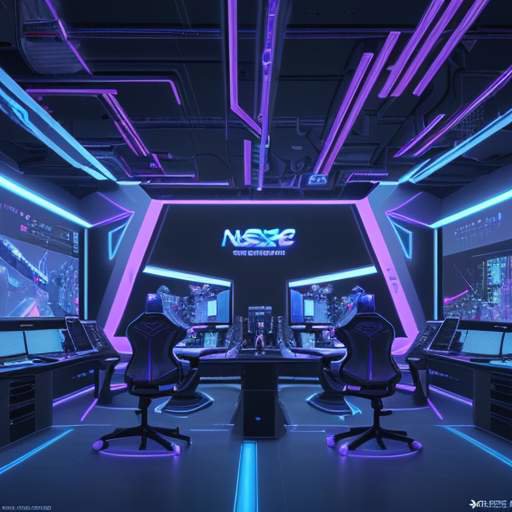 A futuristic high-tech gaming studio in Seoul featuring developers working on holographic 3D game environments with neon blue and purple lighting.