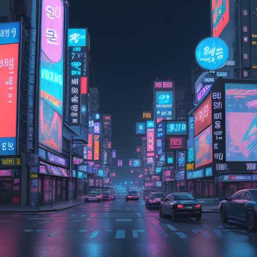 A futuristic Seoul cityscape at night with neon signs and a large holographic billboard displaying a vibrant, high-action video game scene.