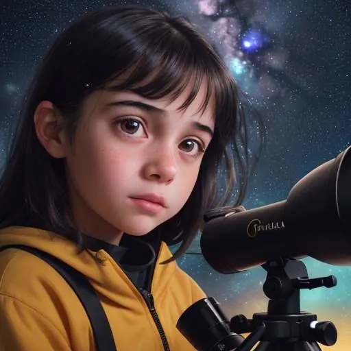 A young girl looks through a high-powered telescope at a vibrant nebula, her face filled with awe and determination against a starry night sky.