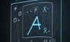 A glowing neon blue quadratic equation, "ax² + bx + c = 0," floating in a dark, modern classroom in front of a blurred chalkboard.