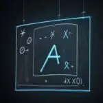 A glowing neon blue quadratic equation, "ax² + bx + c = 0," floating in a dark, modern classroom in front of a blurred chalkboard.