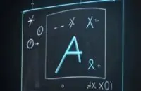 A glowing neon blue quadratic equation, "ax² + bx + c = 0," floating in a dark, modern classroom in front of a blurred chalkboard.