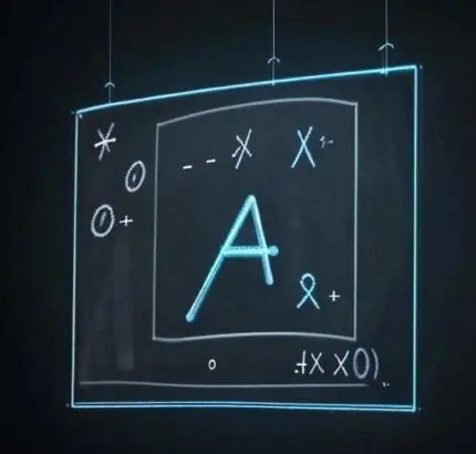 A glowing neon blue quadratic equation, "ax² + bx + c = 0," floating in a dark, modern classroom in front of a blurred chalkboard.