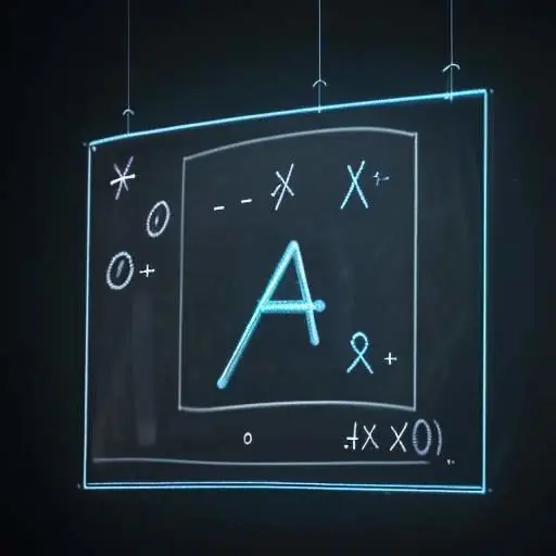A glowing neon blue quadratic equation, "ax² + bx + c = 0," floating in a dark, modern classroom in front of a blurred chalkboard.
