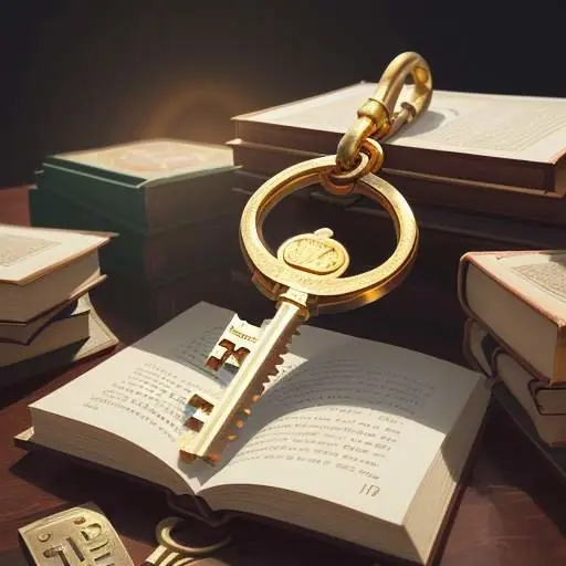 A 3D rendered golden key resting on a stack of books, symbolizing the key to unlocking complex arguments.