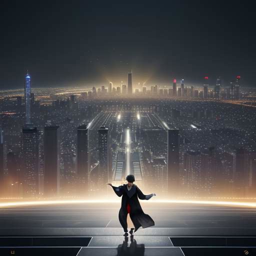 A graduate in a gown holding a diploma walks across a stage against a futuristic city skyline at golden hour, symbolizing a successful transition from education to a high-tech career.