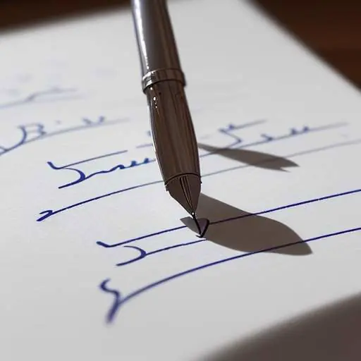 A close-up of a hand using a fountain pen to write the quadratic formula on white paper, with a sharp focus on the discriminant (b² - 4ac).