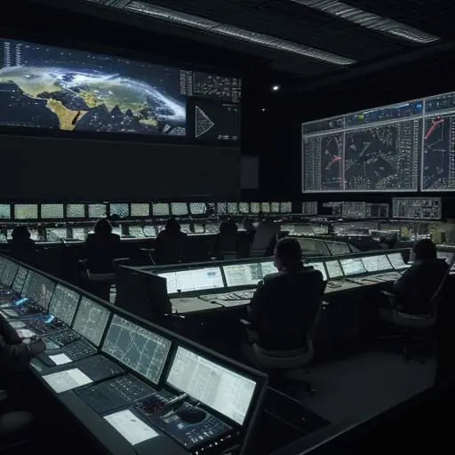 A wide shot of a high-tech mission control center where engineers and scientists monitor real-time satellite telemetry and star maps on large screens.