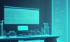 A cinematic close-up of a glowing holographic 3D mathematical formula "dy/dx = dy/du * du/dx" floating above a modern laboratory desk in a dimly lit room with blue neon accents.