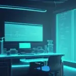 A cinematic close-up of a glowing holographic 3D mathematical formula "dy/dx = dy/du * du/dx" floating above a modern laboratory desk in a dimly lit room with blue neon accents.