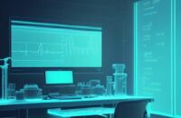 A cinematic close-up of a glowing holographic 3D mathematical formula "dy/dx = dy/du * du/dx" floating above a modern laboratory desk in a dimly lit room with blue neon accents.