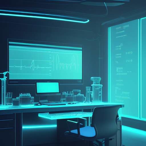 A cinematic close-up of a glowing holographic 3D mathematical formula "dy/dx = dy/du * du/dx" floating above a modern laboratory desk in a dimly lit room with blue neon accents.