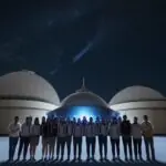 A group of diverse Indian students holding certificates and wearing badges, standing proudly in front of a large observatory dome under a starry night sky.