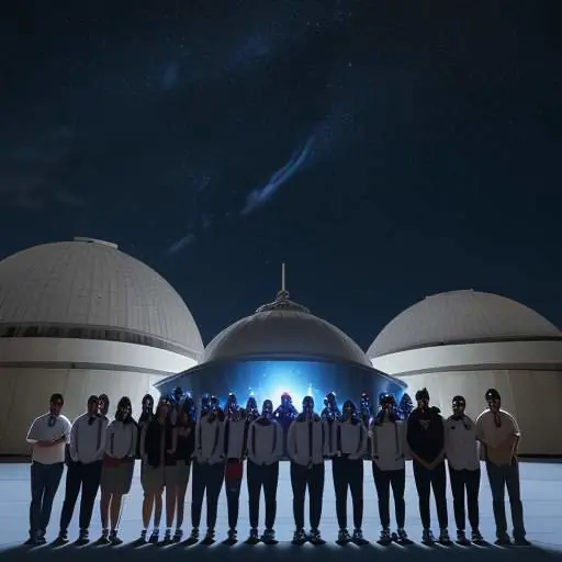 A group of diverse Indian students holding certificates and wearing badges, standing proudly in front of a large observatory dome under a starry night sky.