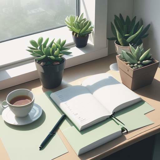 A minimalist, modern desk featuring a laptop displaying a declining graph, stacked notebooks, a cup of green tea, and a small succulent plant in soft morning light.