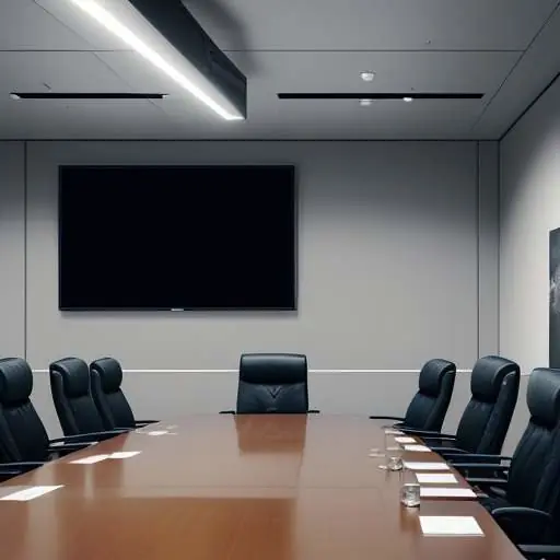A professional person in a suit delivers a confident presentation to an engaged audience in a modern, well-lit boardroom.