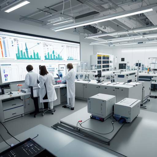 Scientists in a high-tech laboratory analyzing complex data visualizations and chemical reaction graphs on large monitors to model environmental changes.