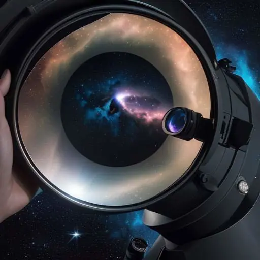A close-up of a student's hand adjusting a dial on a high-tech telescope, with a nebula and stars reflected in the glass lens.