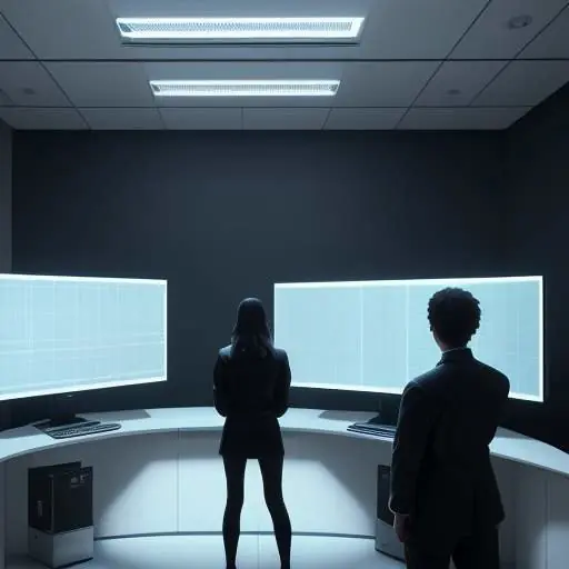A professor and a student discuss a complex 3D mathematical surface on a large digital screen in a modern, high-tech laboratory.