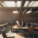 A student sits at a large wooden table in a modern university library, studying with textbooks, a laptop, and a cup of coffee amidst rows of books.