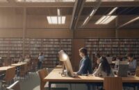 A student sits at a large wooden table in a modern university library, studying with textbooks, a laptop, and a cup of coffee amidst rows of books.