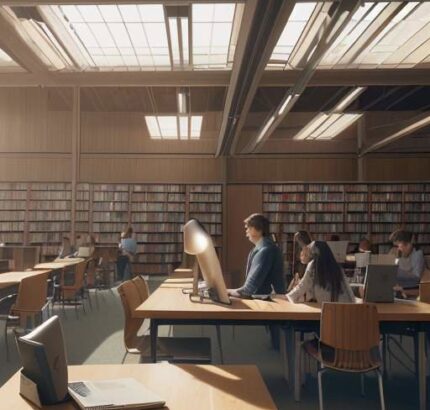 A student sits at a large wooden table in a modern university library, studying with textbooks, a laptop, and a cup of coffee amidst rows of books.