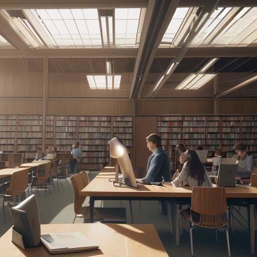 A student sits at a large wooden table in a modern university library, studying with textbooks, a laptop, and a cup of coffee amidst rows of books.