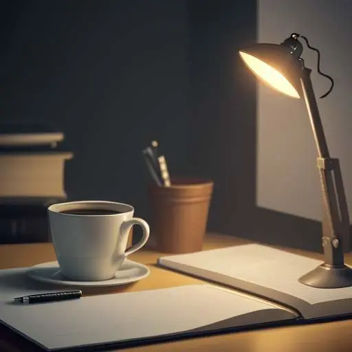 A student's desk at night with a lamp illuminating a notebook of math notes, a cup of coffee, and a focused, calm atmosphere.