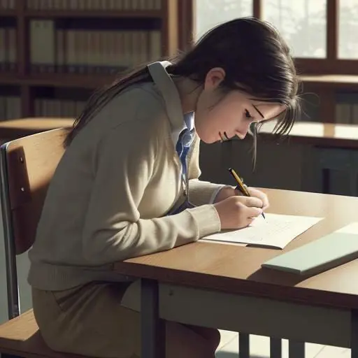 A student sits at a wooden desk in a quiet library, taking a handwritten exam featuring complex calculus and geometry problems.