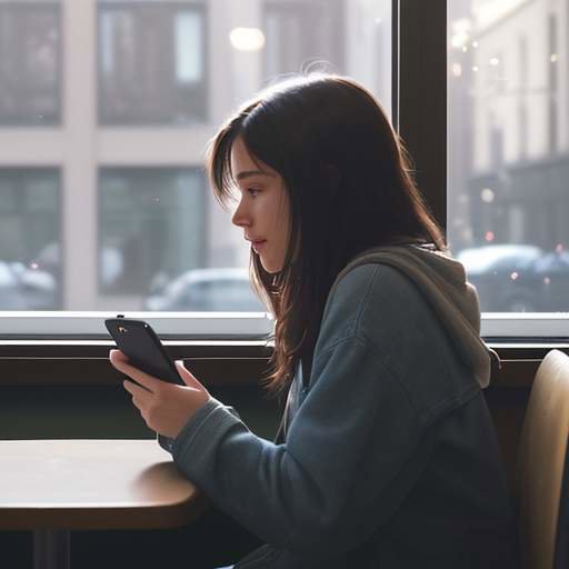 A student in a cozy cafe uses a mobile app with a chat-bot interface, with a blurred university campus visible through the window.
