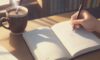 A close-up of a student's hands writing in a highlighted notebook with a pen in a cozy, warmly lit library.