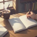 A close-up of a student's hands writing in a highlighted notebook with a pen in a cozy, warmly lit library.