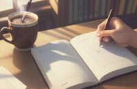 A close-up of a student's hands writing in a highlighted notebook with a pen in a cozy, warmly lit library.
