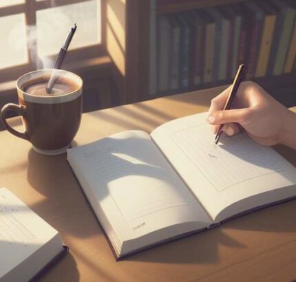 A close-up of a student's hands writing in a highlighted notebook with a pen in a cozy, warmly lit library.
