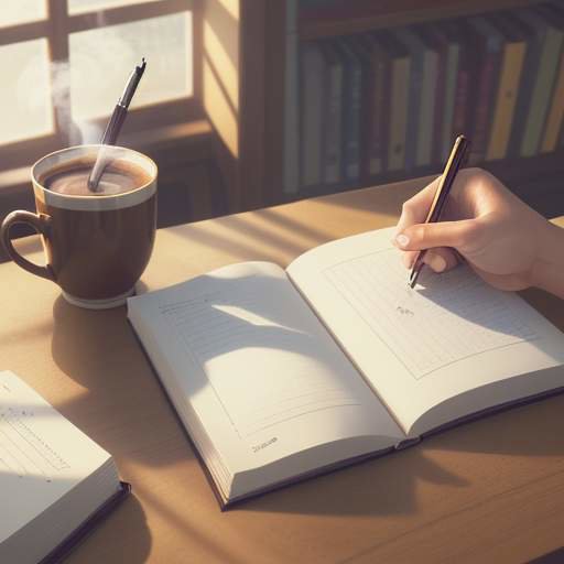 A close-up of a student's hands writing in a highlighted notebook with a pen in a cozy, warmly lit library.