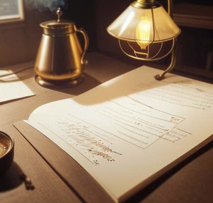 A close-up of a student's hand writing complex logarithmic equations on paper next to a steaming cup of coffee and a glowing lamp in a library.