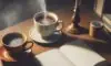 A steaming cup of coffee, a vintage fountain pen, and an open notebook with "Thesis" written at the top on a wooden desk in a cozy library.