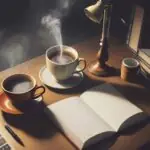 A steaming cup of coffee, a vintage fountain pen, and an open notebook with "Thesis" written at the top on a wooden desk in a cozy library.