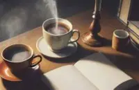 A steaming cup of coffee, a vintage fountain pen, and an open notebook with "Thesis" written at the top on a wooden desk in a cozy library.