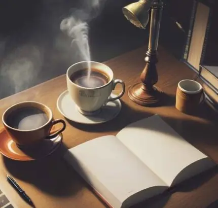 A steaming cup of coffee, a vintage fountain pen, and an open notebook with "Thesis" written at the top on a wooden desk in a cozy library.