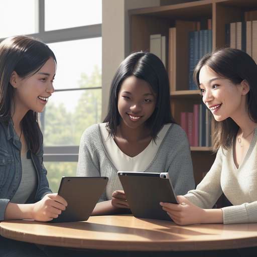 Three diverse students smiling and collaborating over tablets and notebooks at a wooden table in a sunlit, modern library.