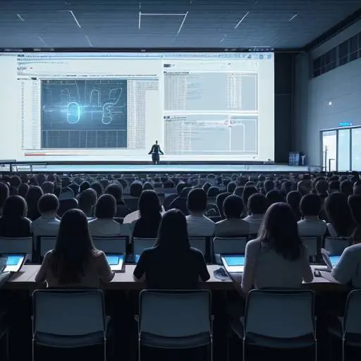 A diverse group of students in a modern lecture hall use tablets and laptops to study complex mathematical formulas and neural network graphics on a large screen.