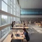 Students using tablets and laptops in a sun-drenched, modern university library with large glass windows and a subtle holographic data network overlay.