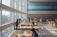 Students using tablets and laptops in a sun-drenched, modern university library with large glass windows and a subtle holographic data network overlay.